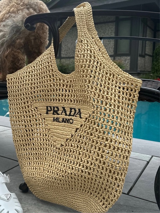 Prada Handbags - Prada Logo Cream/Black Woven Raffia Beach Bag